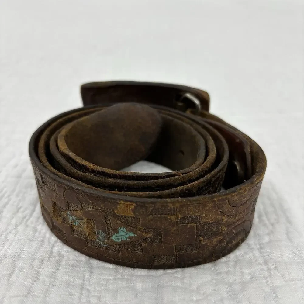 Vintage 70s Tooled Buckle Belt Navajo Geometric Leather Hippie Turquise Paint
